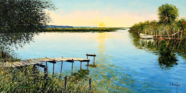Ponton et barque, soleil couchant